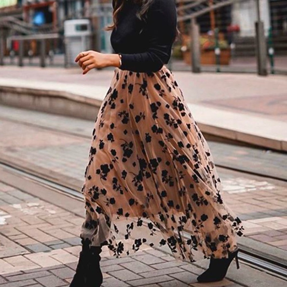 3D posy double layer mesh midi skirt in caramel